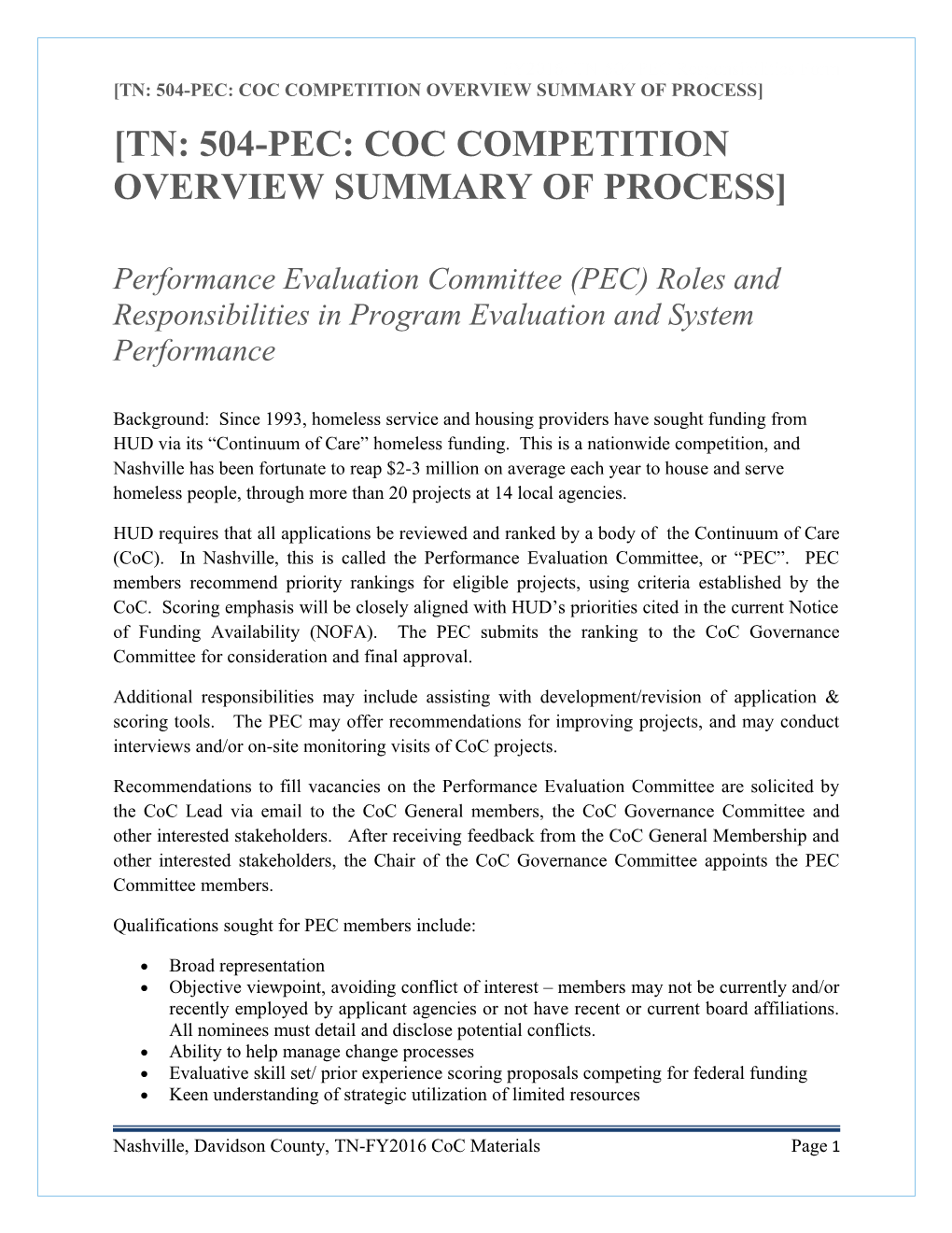 TN: 504-PEC: COC Competition Overview Summary of Process