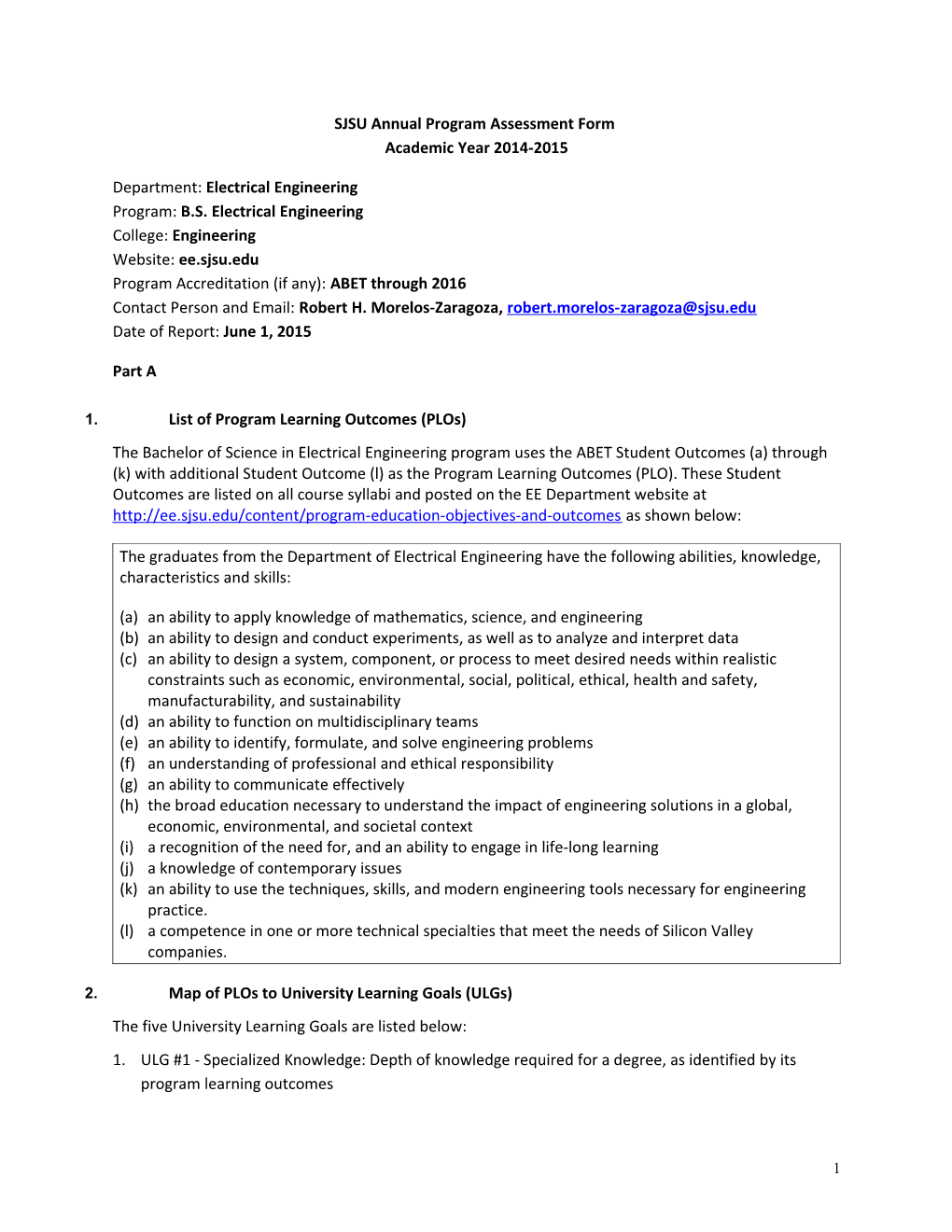SJSU Annual Program Assessment Form Academic Year 2014-2015