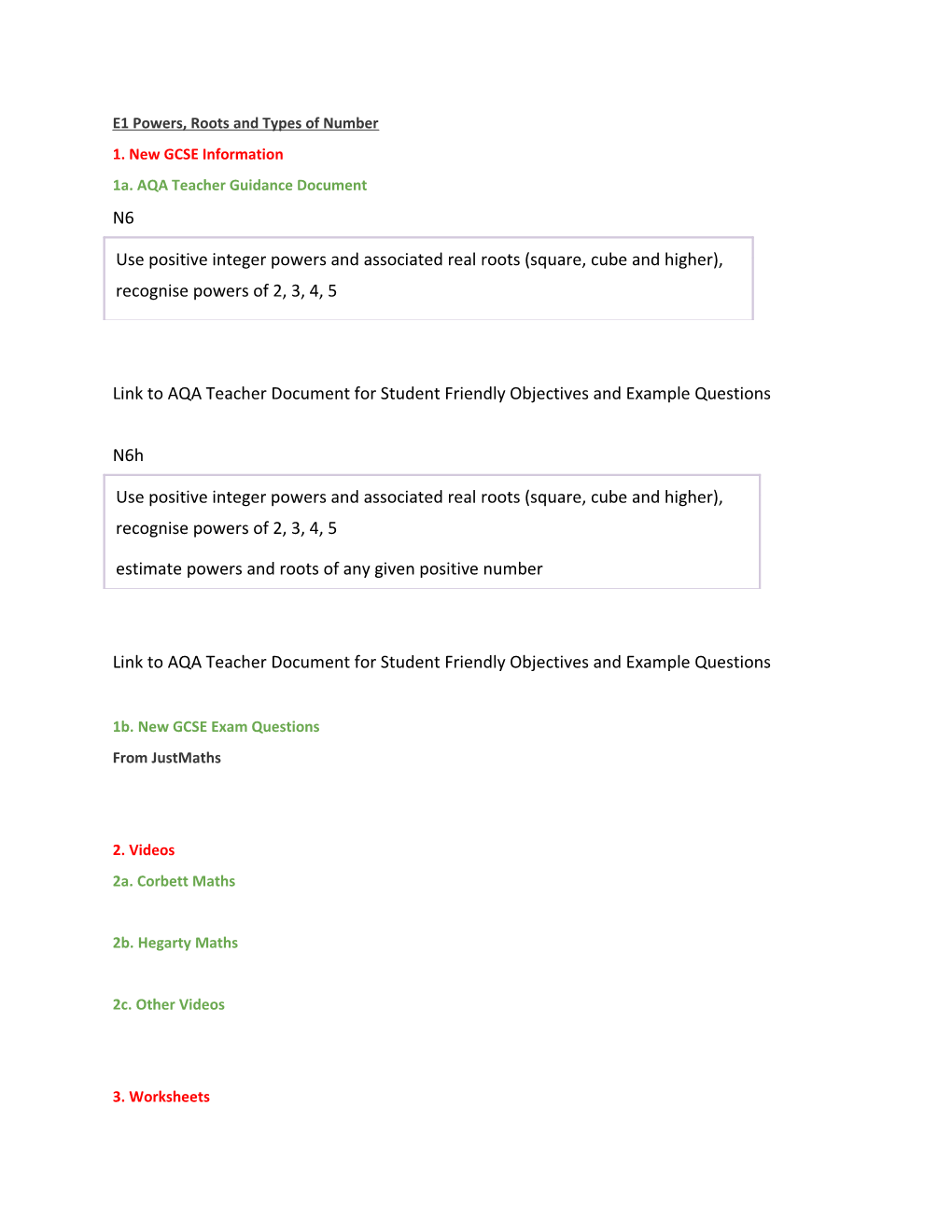 E1 Powers, Roots and Types of Number