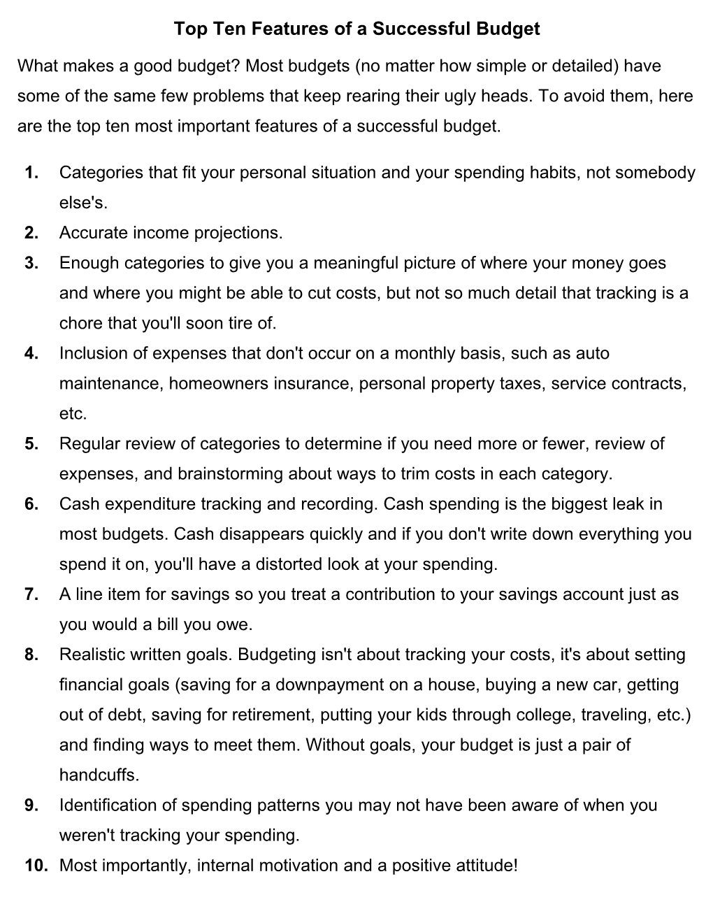 Top Ten Features of a Successful Budget