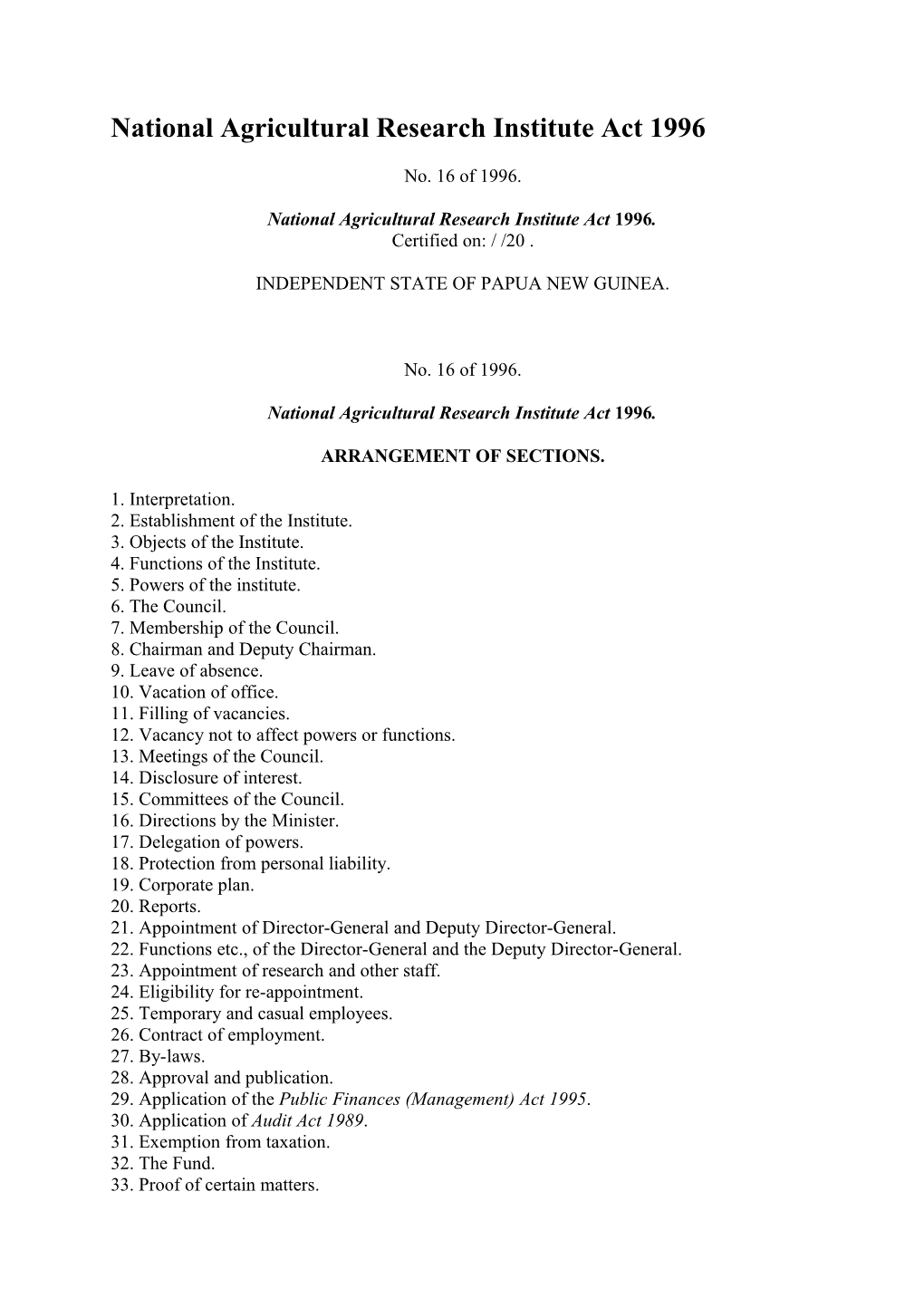 National Agricultural Research Institute Act 1996