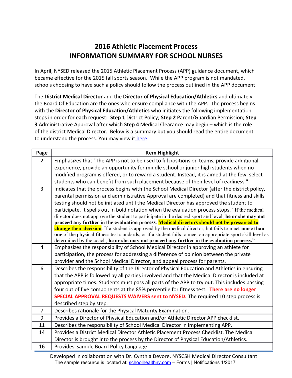 Information Summary for School Nurses