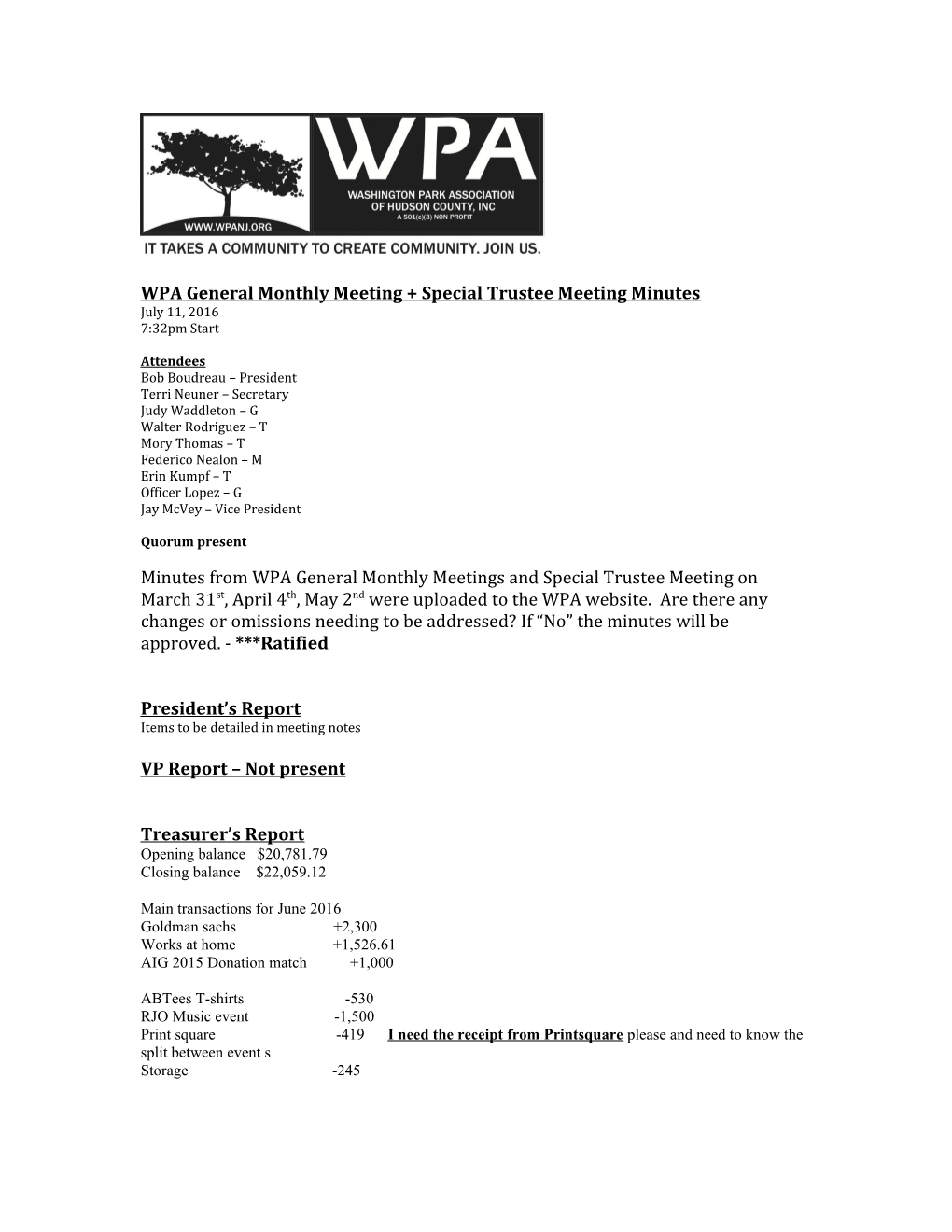 WPA General Monthly Meeting + Special Trustee Meeting Minutes