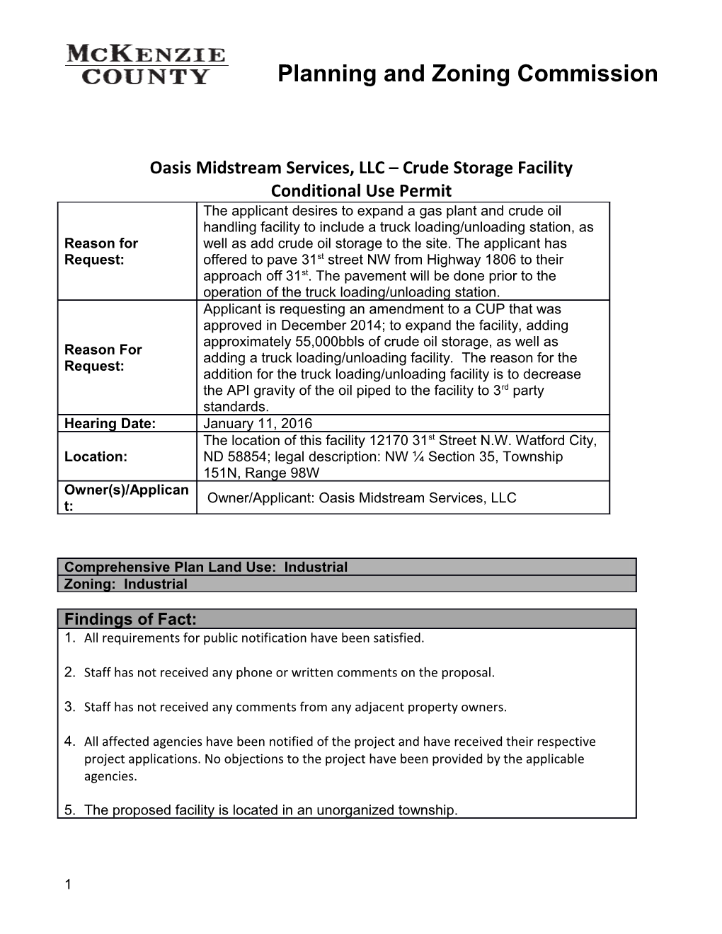 Oasis Midstream Services, LLC Crude Storage Facility