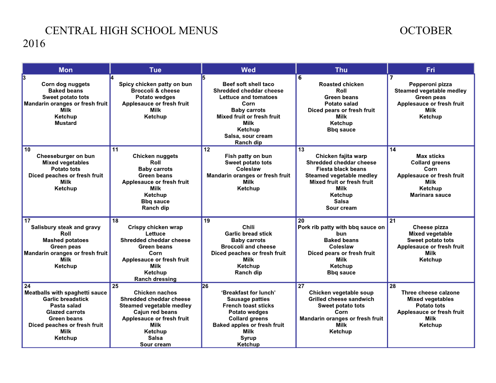 Central High School Menusoctober 2016