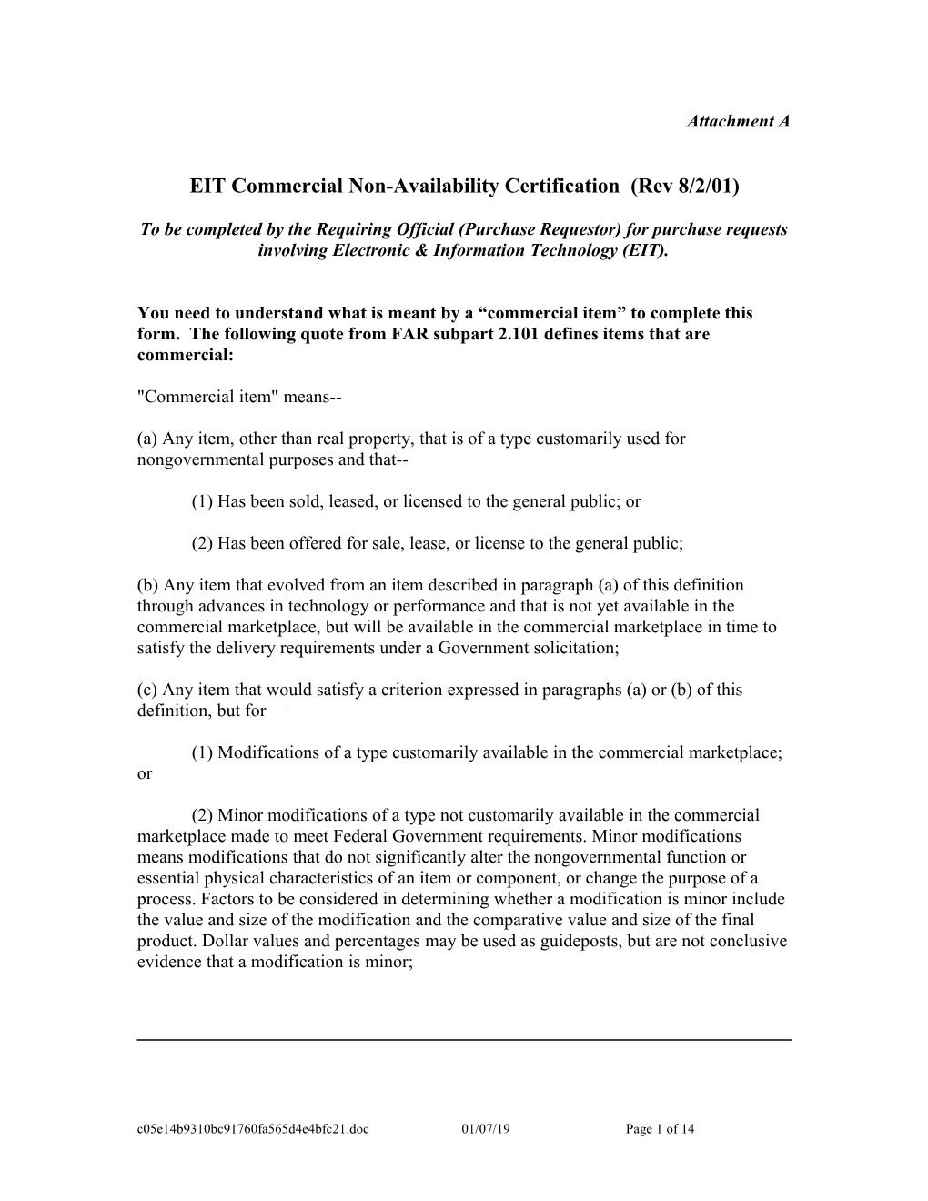 Attachment a - EIT Commercial Non-Availability Certification