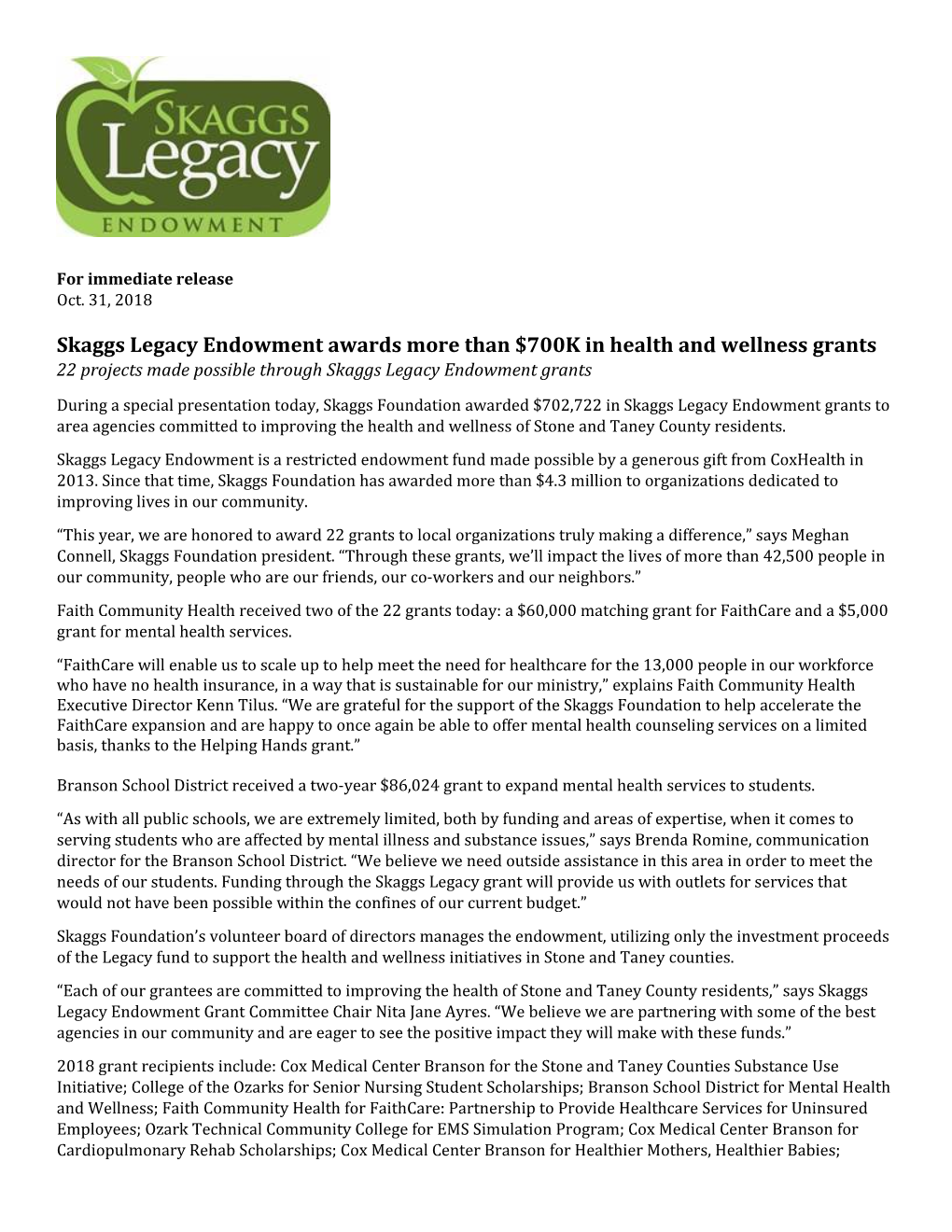 Skaggs Legacy Endowment Awardsmore Than $700K in Health and Wellness Grants