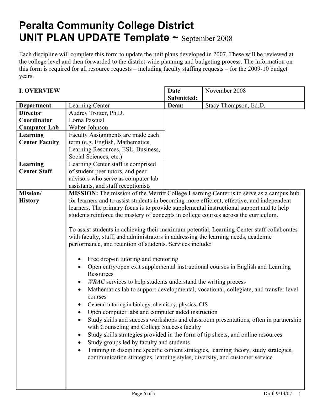 Each Discipline Will Complete This Form to Update the Unit Plans Developed in 2007. These