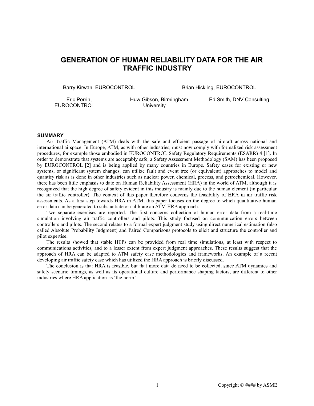 Generation of Human Reliability Data for the Air Traffic Industry