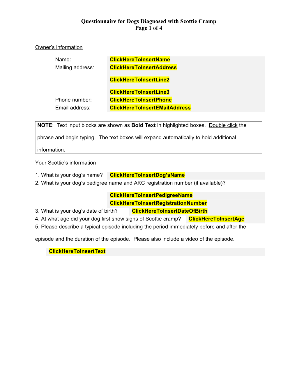 Questionnaire for Dogs Diagnosed with Scottie Cramp Page 1 of 4