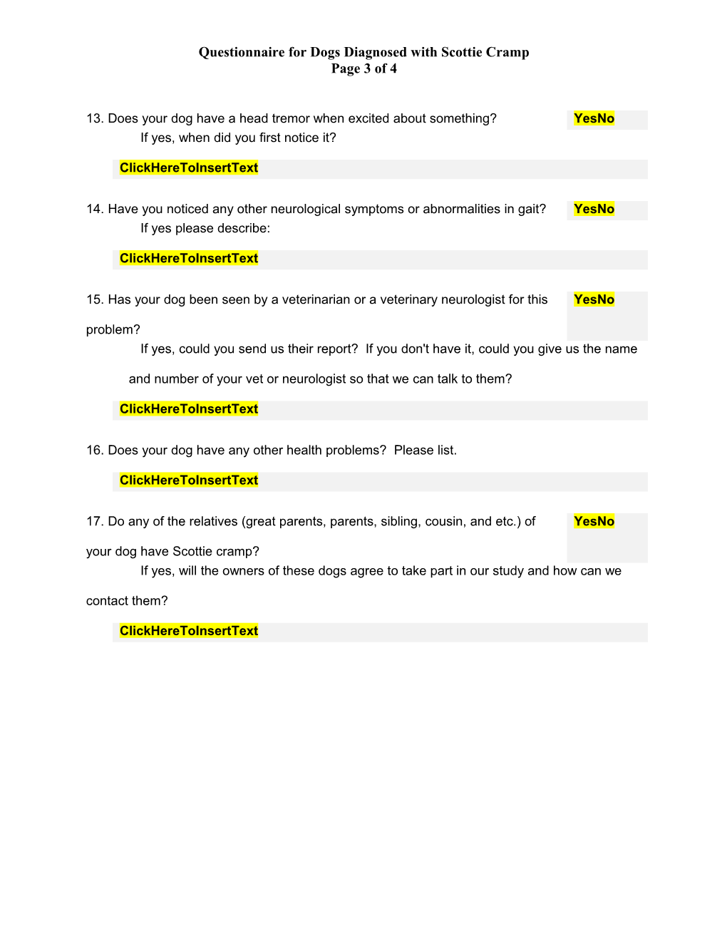 Questionnaire for Dogs Diagnosed with Scottie Cramp Page 1 of 4