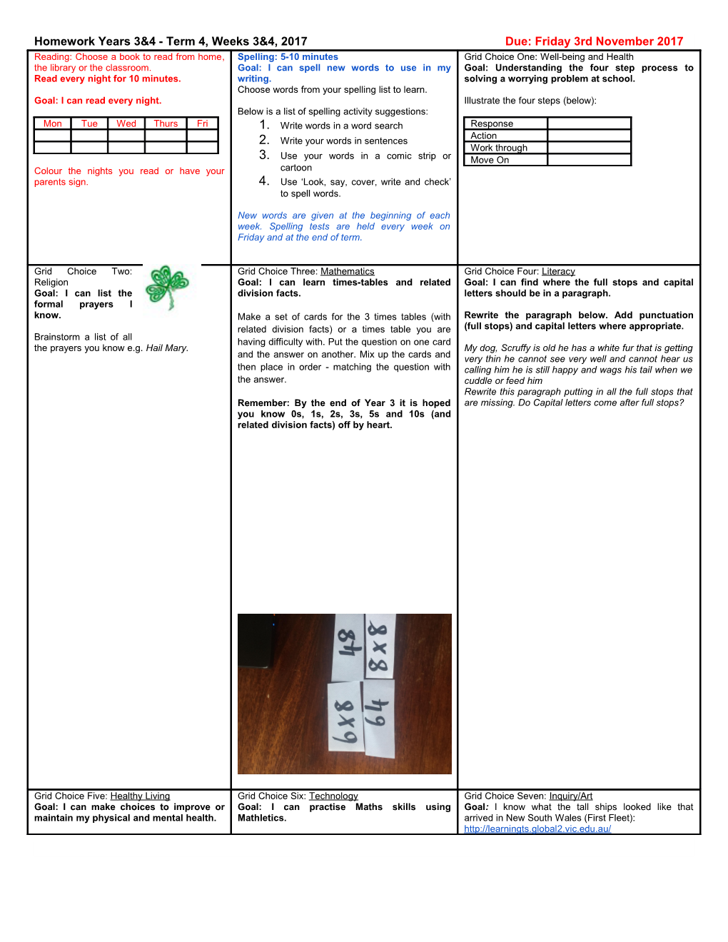 Homework Years 3&4 - Term 4, Weeks 3&4, 2017Due: Friday 3Rd November 2017