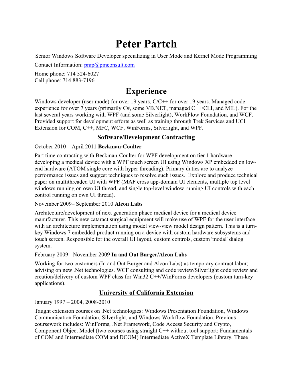 Peter Partch Resume