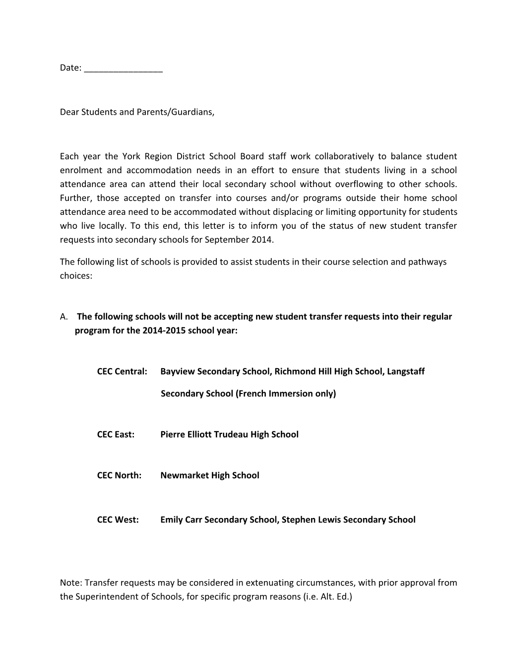 Parent Letter Re Student Transfer Requests Into Secondary Schools