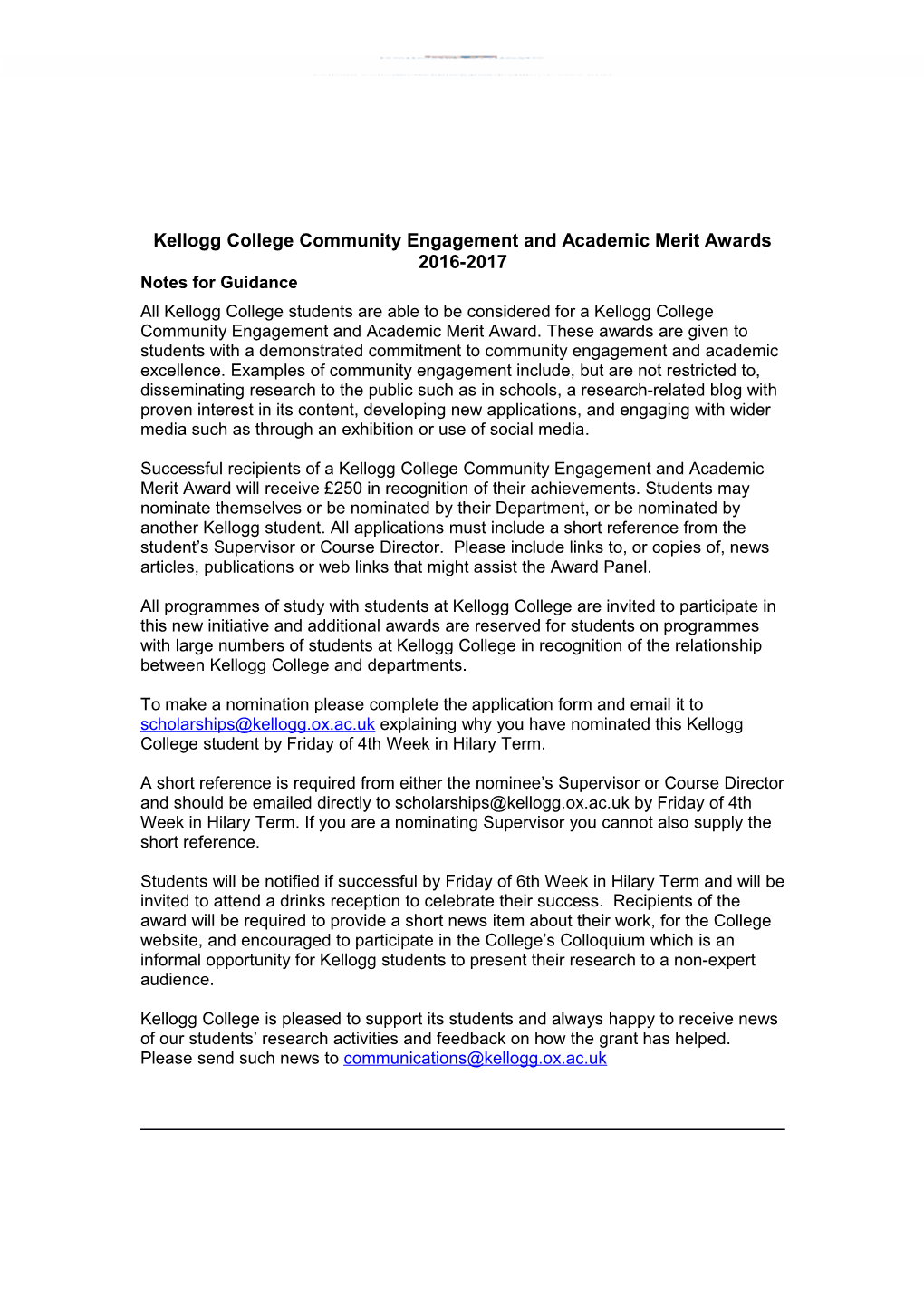 Kellogg College Community Engagement and Academic Merit Awards