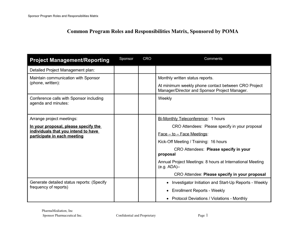 Common Program Roles and Responsibilities Matrix, Sponsored by POMA