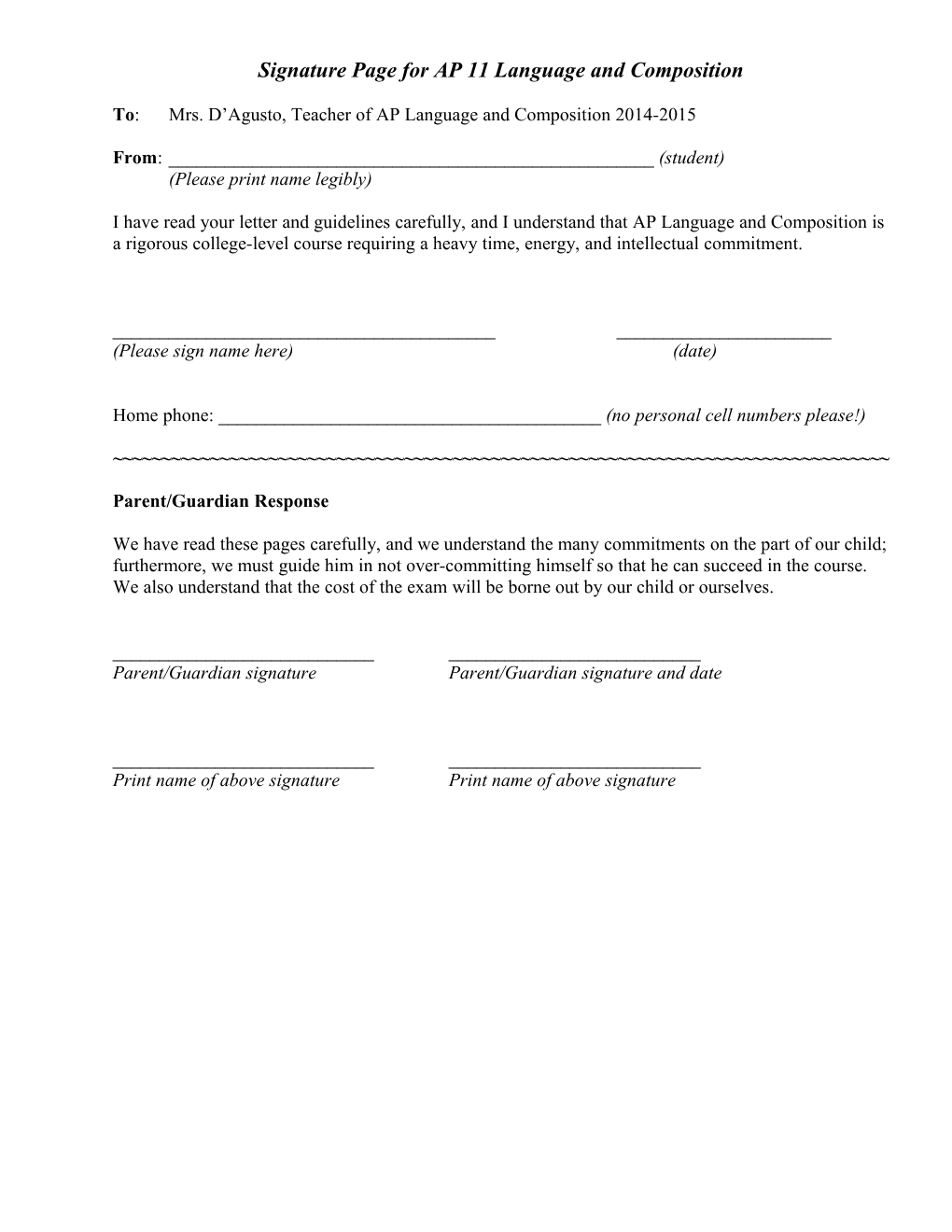 Signature Page for AP 11 Language and Composition