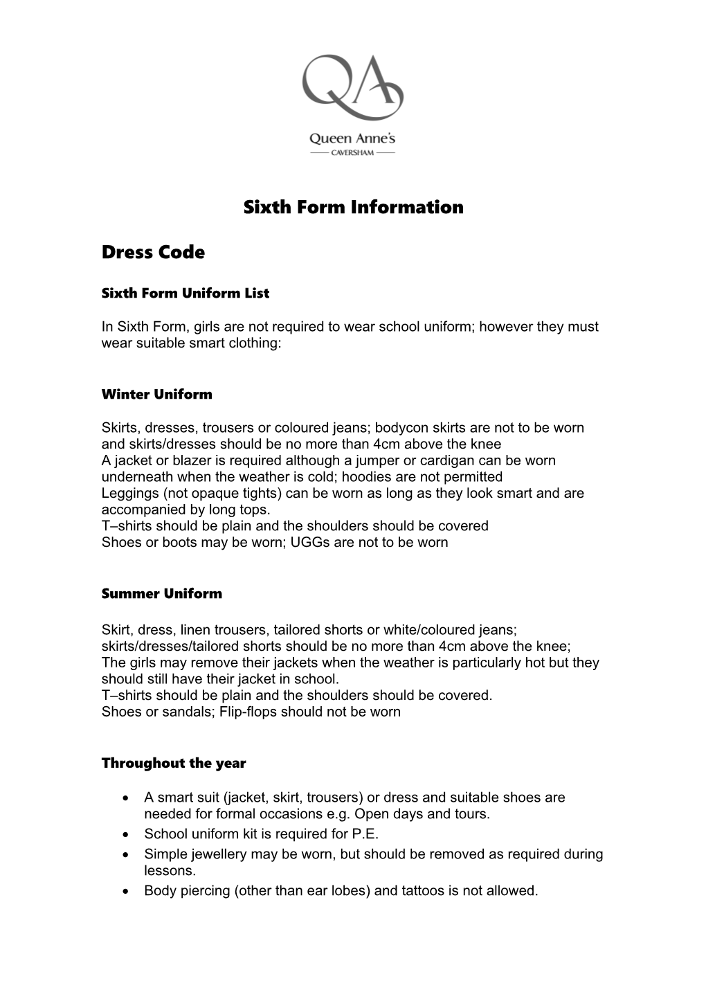 Sixth Form Uniform List