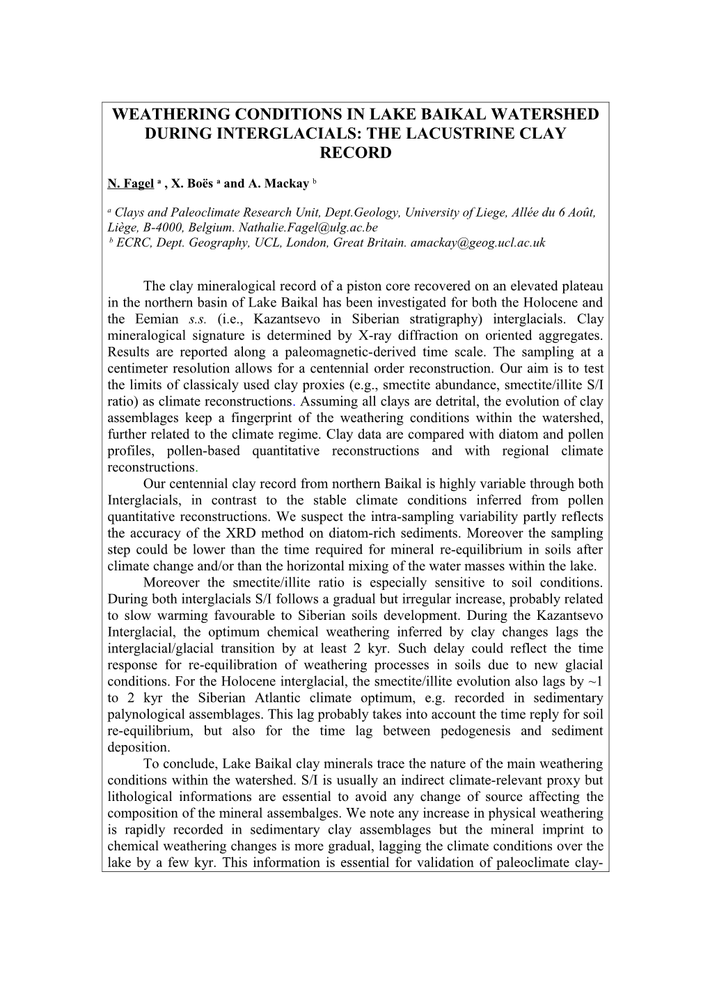 Weathering Conditions in Lake Baikal Watershed During Interglacials: the Lacustrine Clay Record