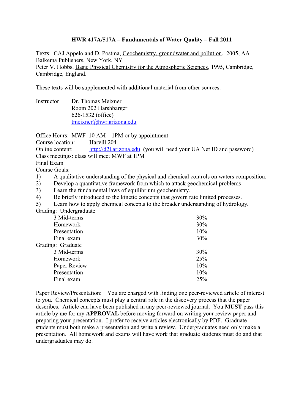 HWR 417A/517A Fundamentals of Water Quality Fall 2011