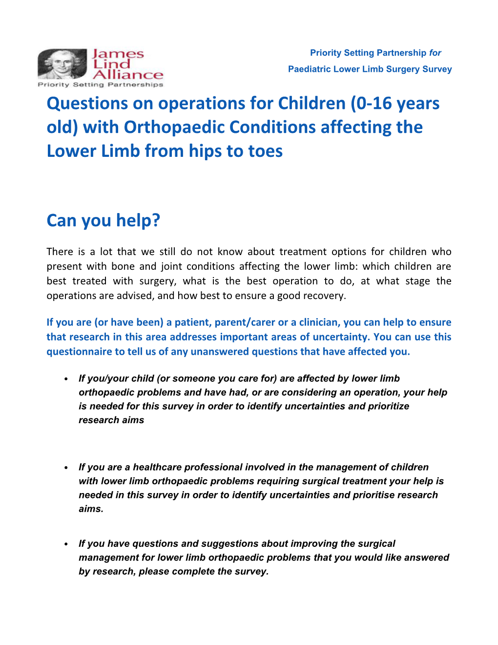 Paediatric Lower Limb Surgery Survey