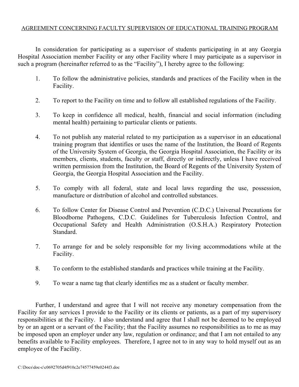 Agreement Concerning Faculty Supervision of Educational Training Program