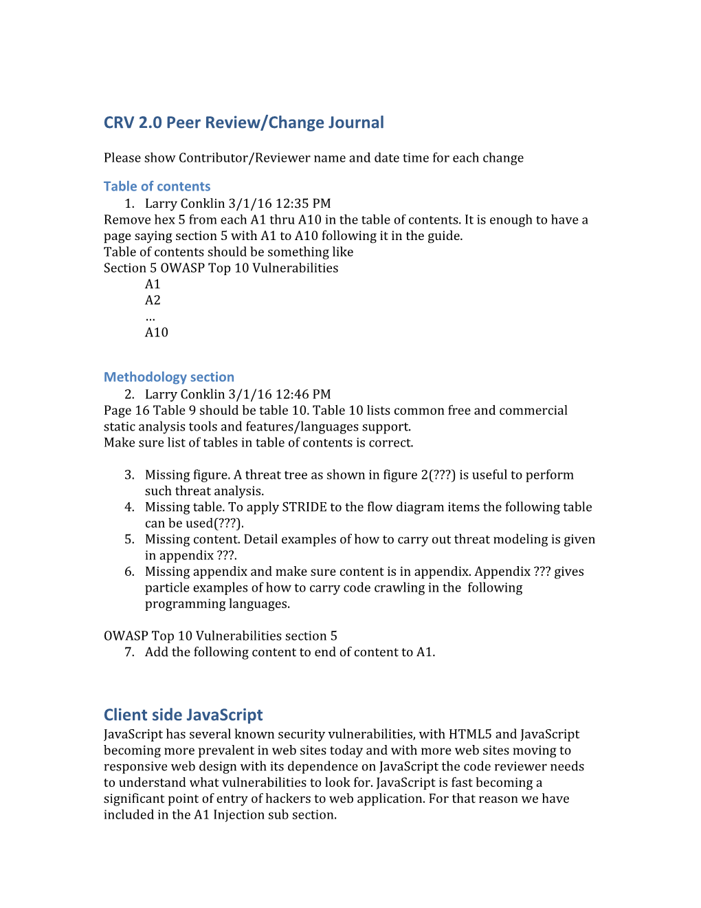 CRV 2.0 Peer Review/Change Journal