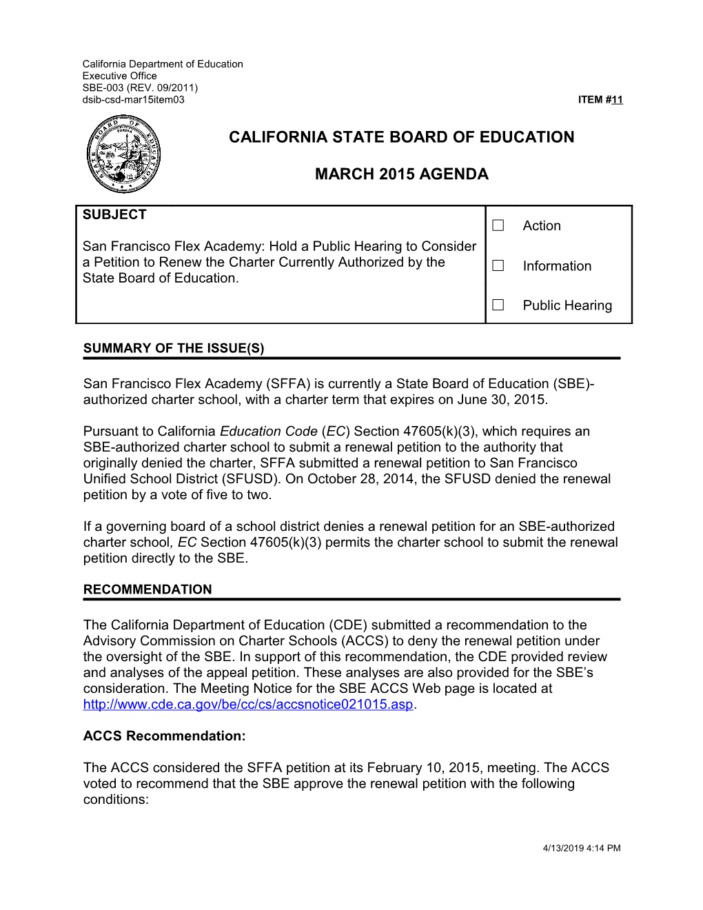 March 2015 Agenda Item 11 - Meeting Agendas (CA State Board of Education)