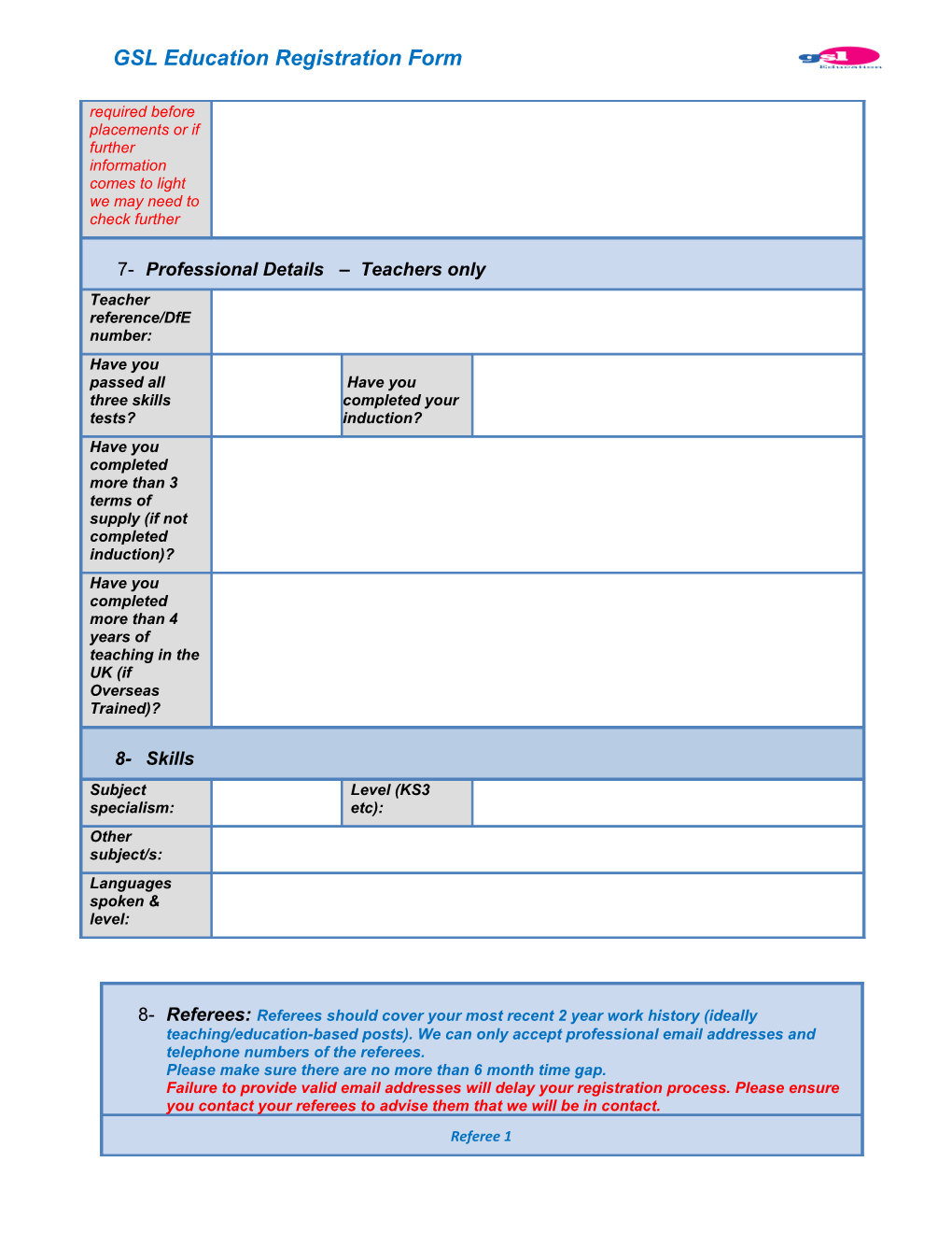 GSL Education Registration Form