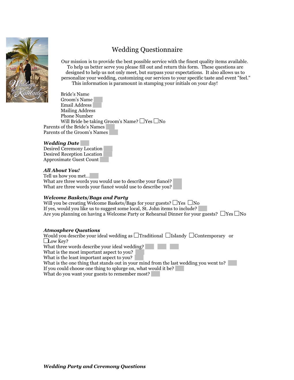 Wedding Questionnaire