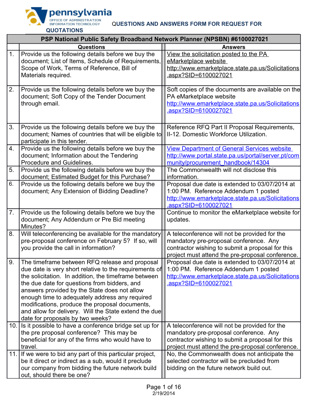 Questions and Answers Form for Request for Quotations Updated 02/26/2014