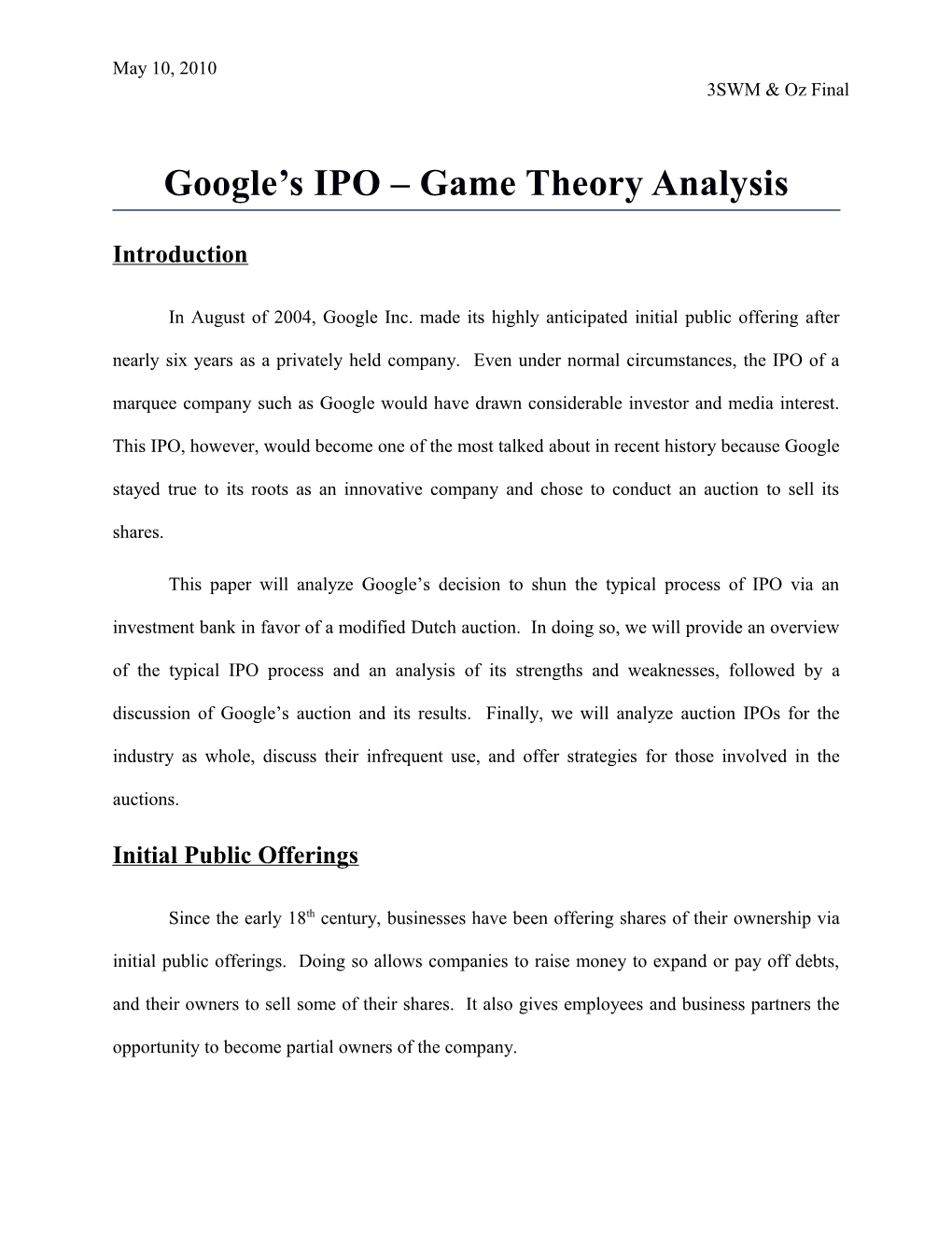Google S IPO Game Theory Analysis
