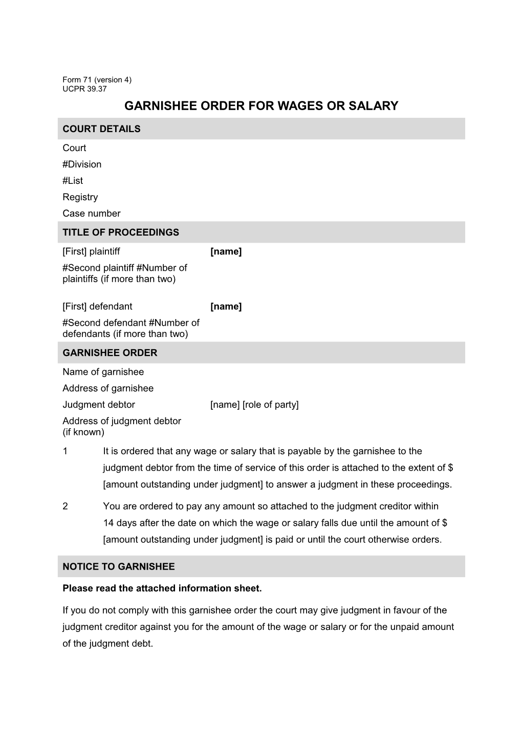 NSW UCPR Form 71 (Version 2) - Garnishee Order for Wages Or Salary