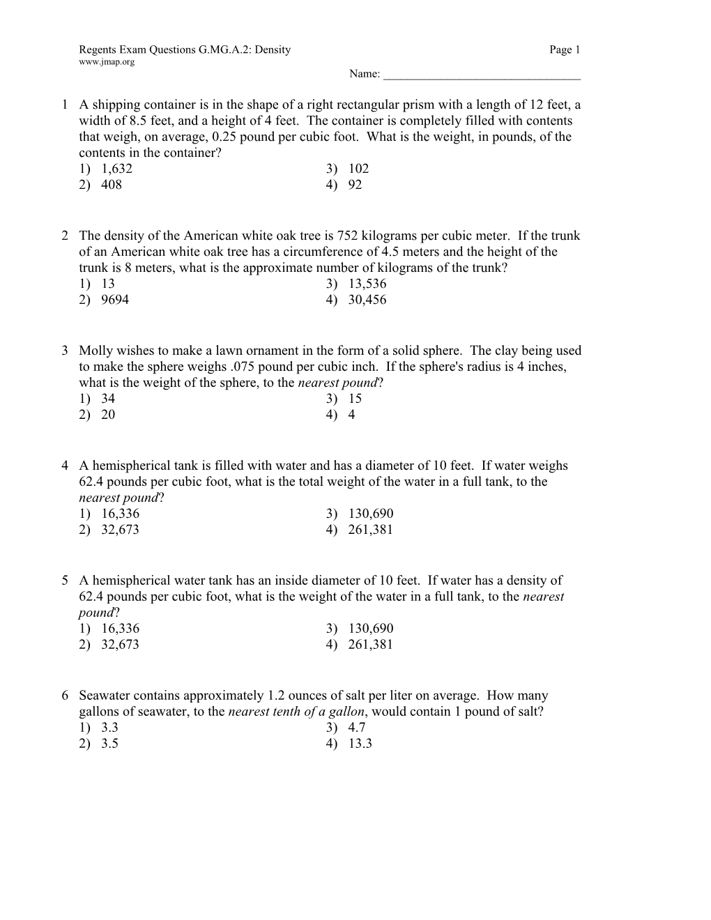 Regents Exam Questions G.MG.A.2: Densitypage 1