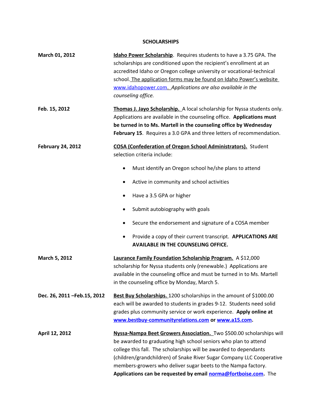 February 24, 2012COSA (Confederation of Oregon School Administrators). Student Selection