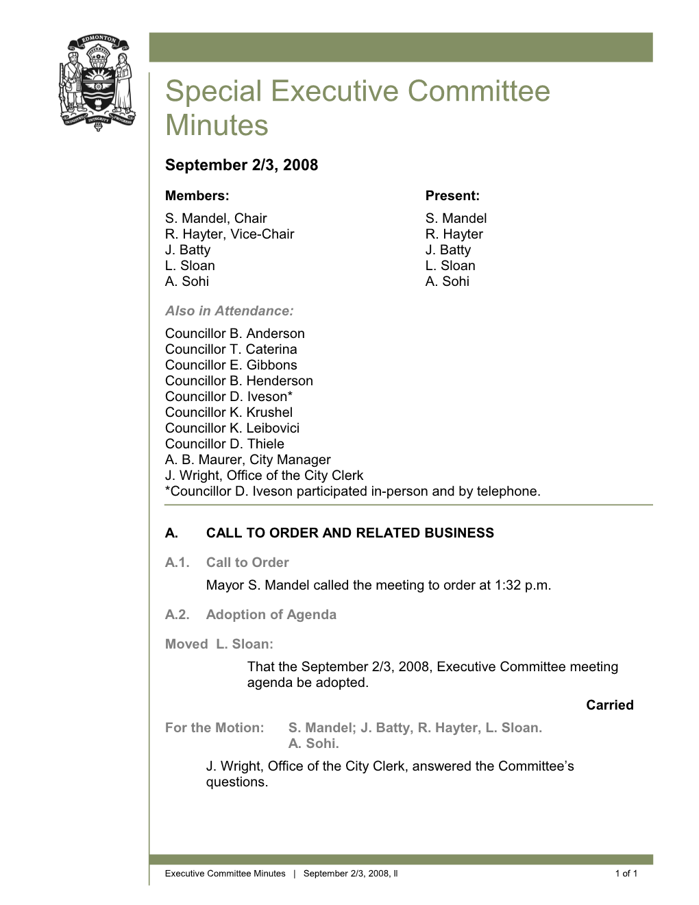 Minutes for Executive Committee September 2, 2008 Meeting
