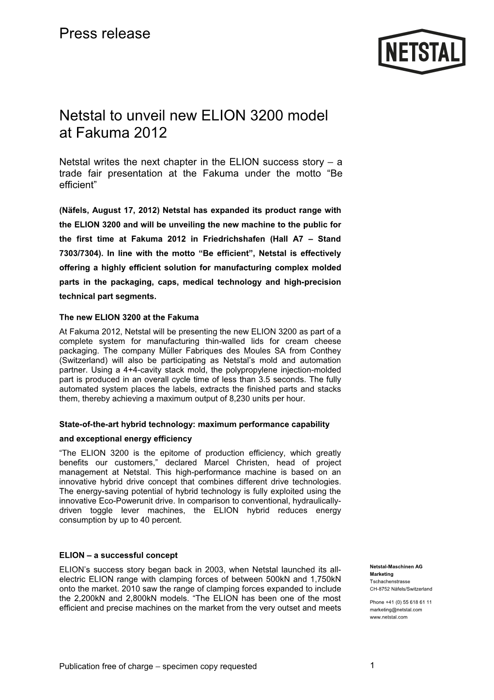 Netstal to Unveil New ELION 3200 Model at Fakuma 2012