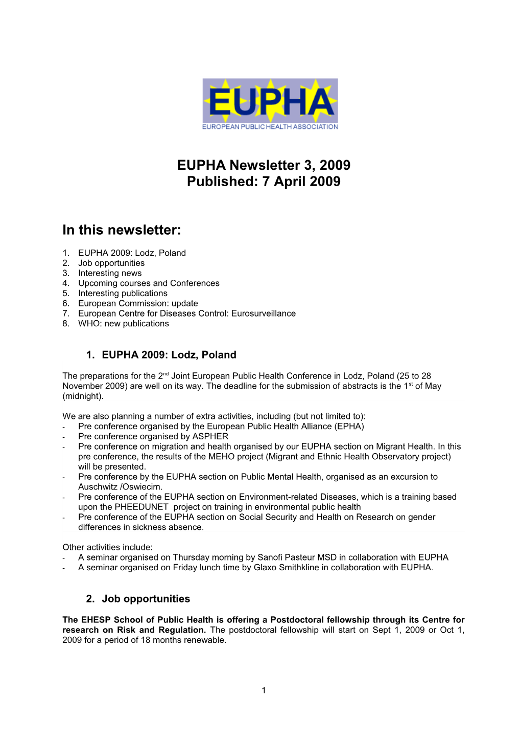 EUPHA Newsletter 3, 2009