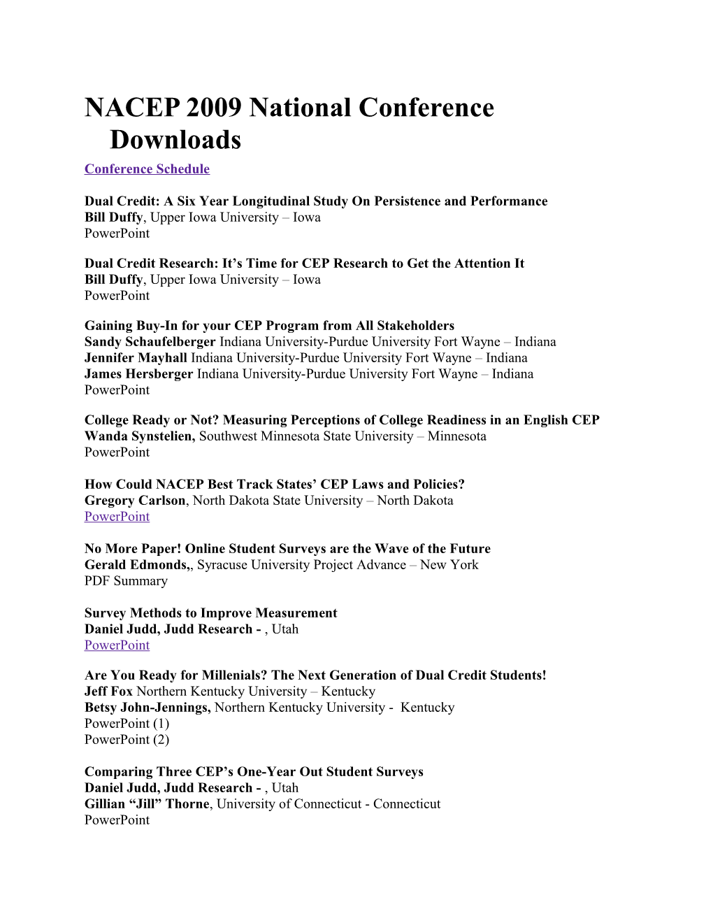 NACEP 2009 National Conference Downloads