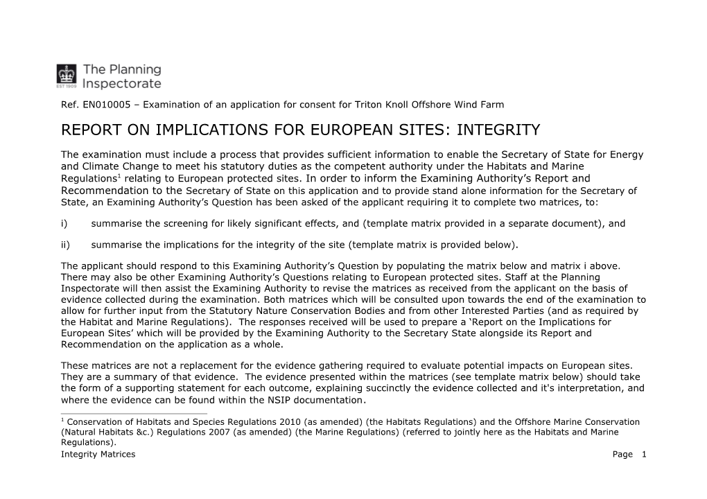 Report on Implications for European Sites: Integrity