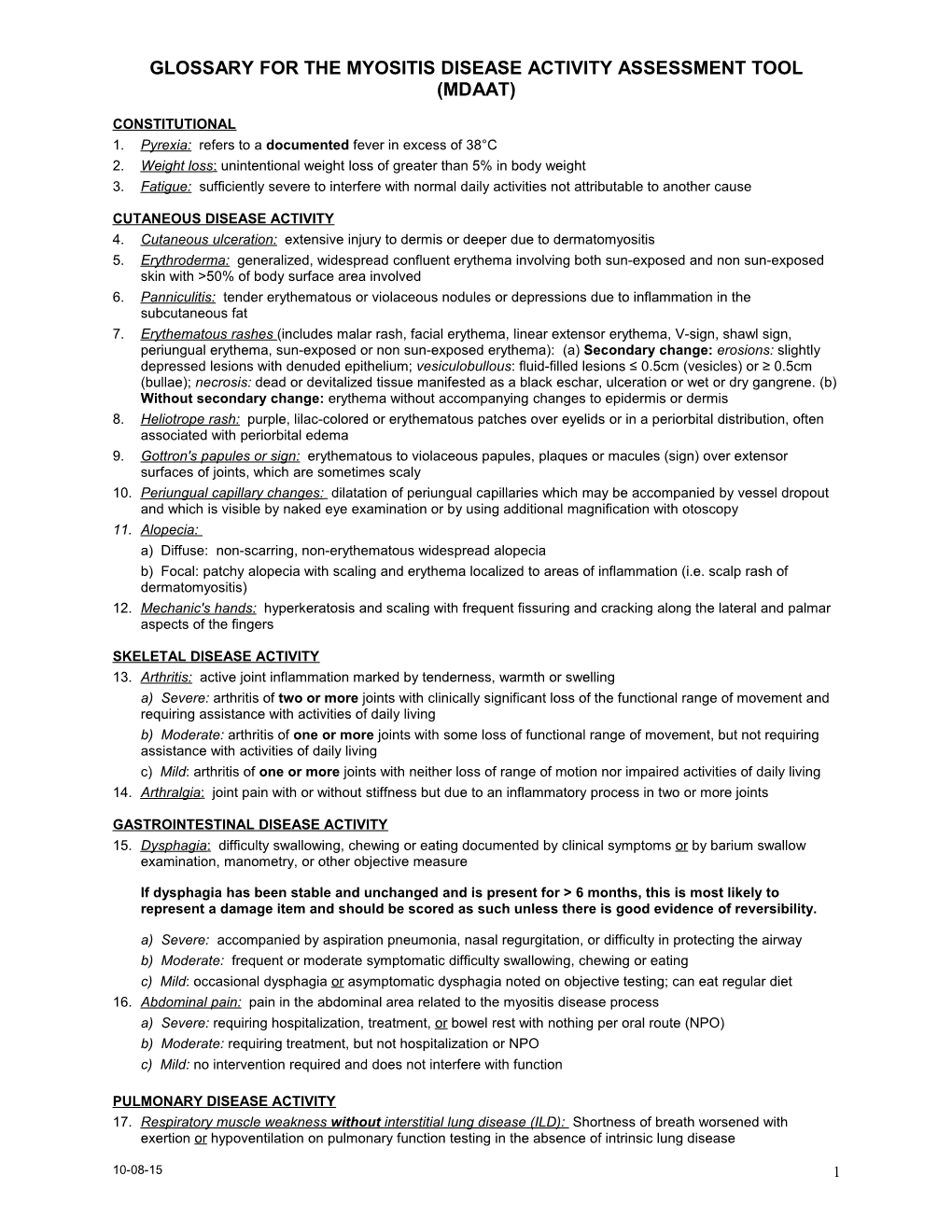GLOSSARY for the MYOSITIS DISEASE ACTIVITY ASSESSMENT TOOL (MITAX) - 2015 - Word Format