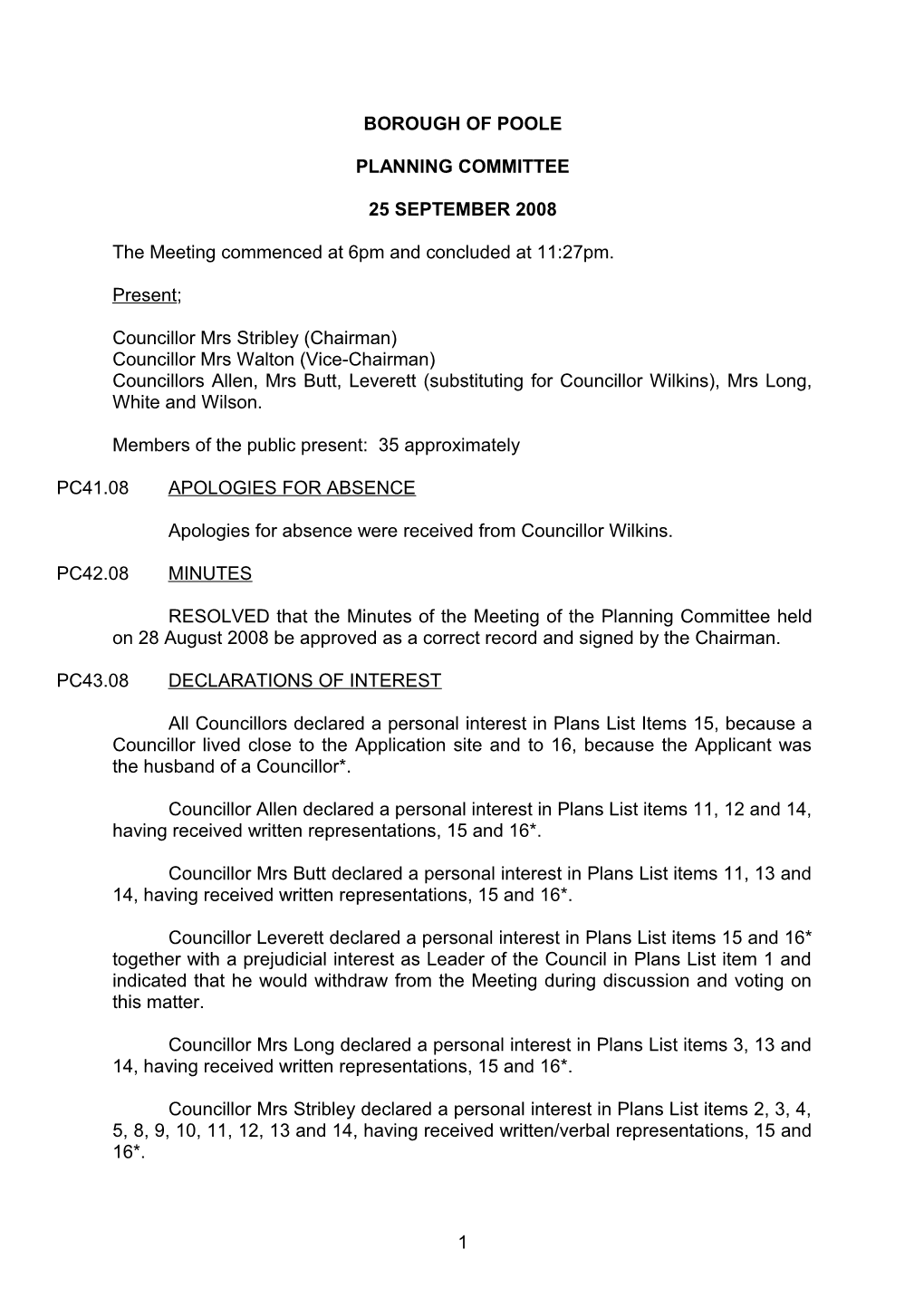 Minutes - Planning Committee - 25 September 2008
