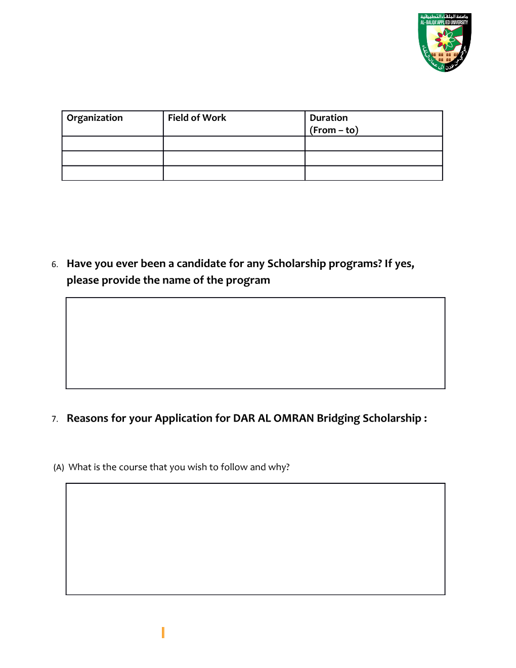 DAR AL OMRAN Bridging Scholarship Application 2017/2018