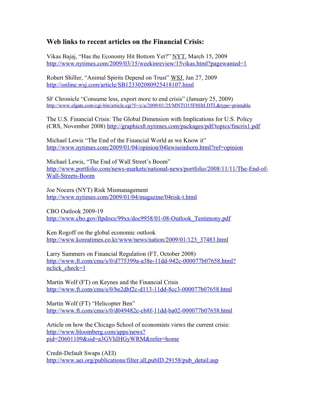 Web Links to Papers on the Financial Crisis
