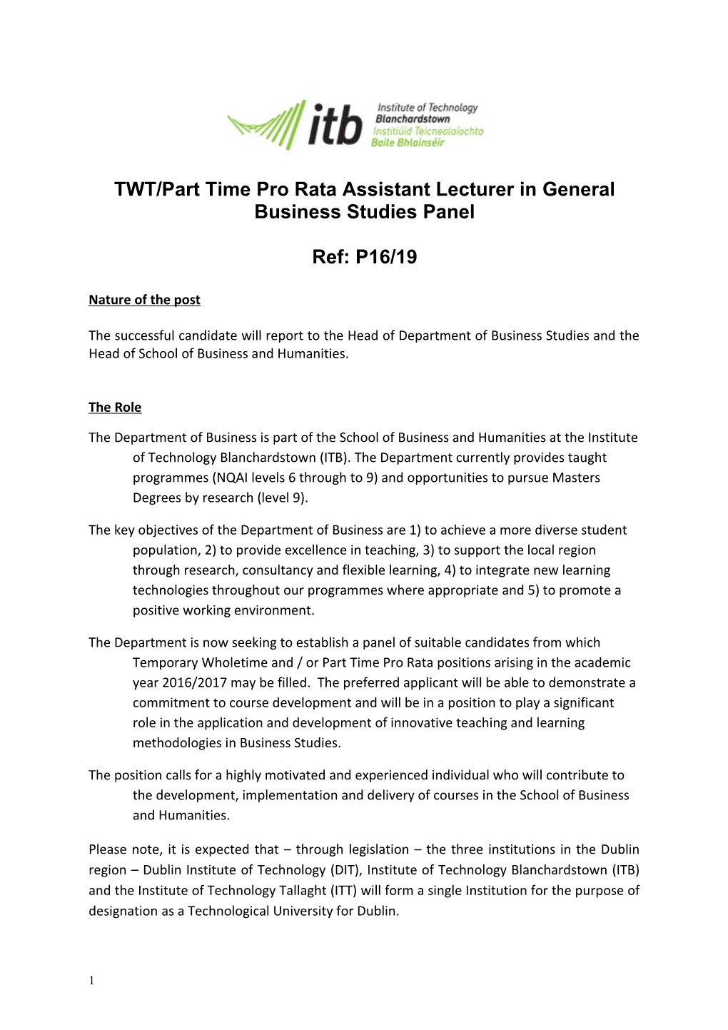 TWT/Part Time Pro Rata Assistant Lecturer in General Business Studies Panel