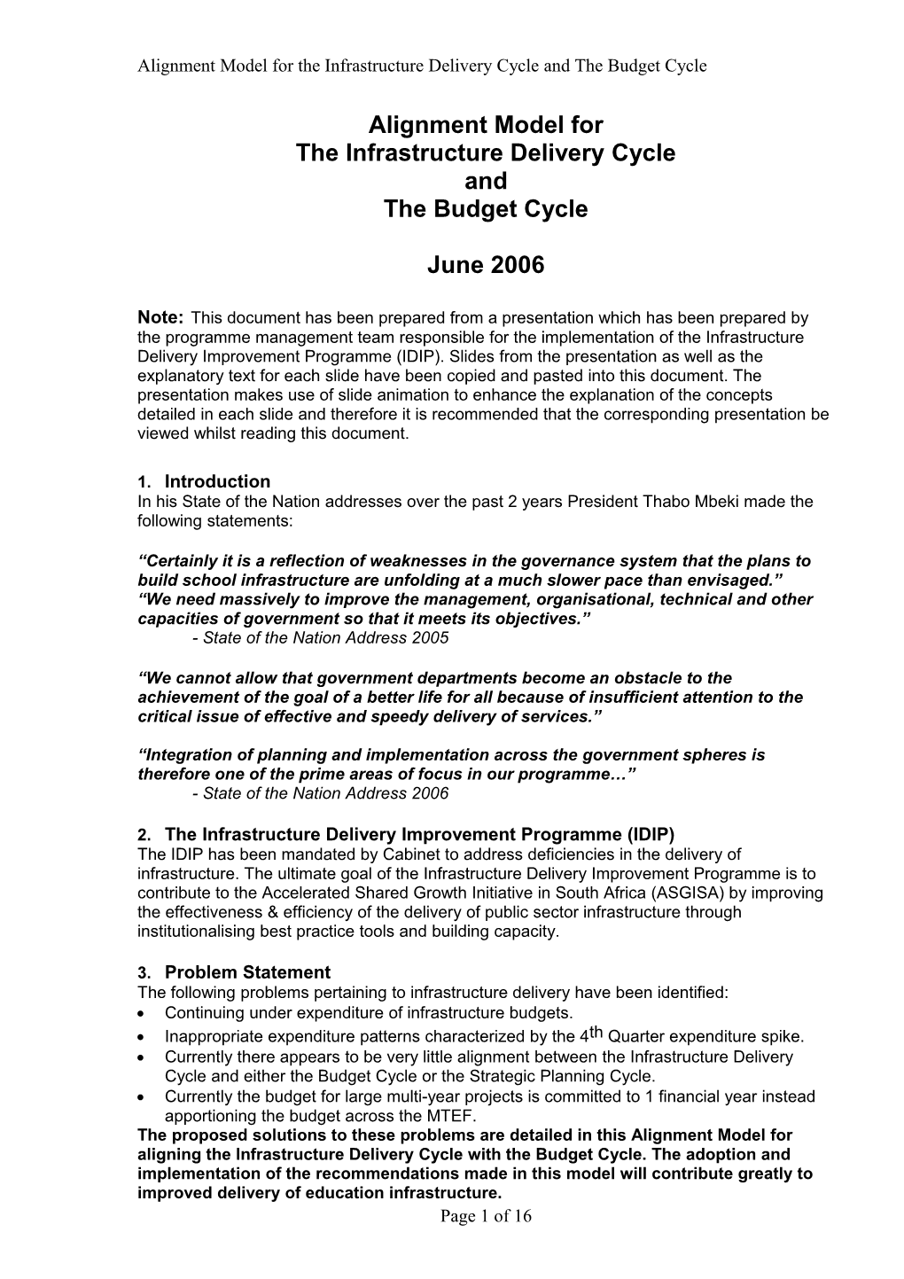 Alignment Model for the Infrastructure Delivery Cycle and the Budget Cycle