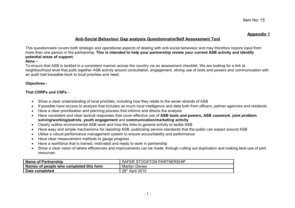 Anti-Social Behaviour Gap Analysis Questionnaire