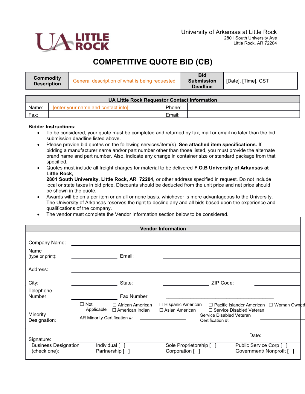 Competitive Bid Template Form