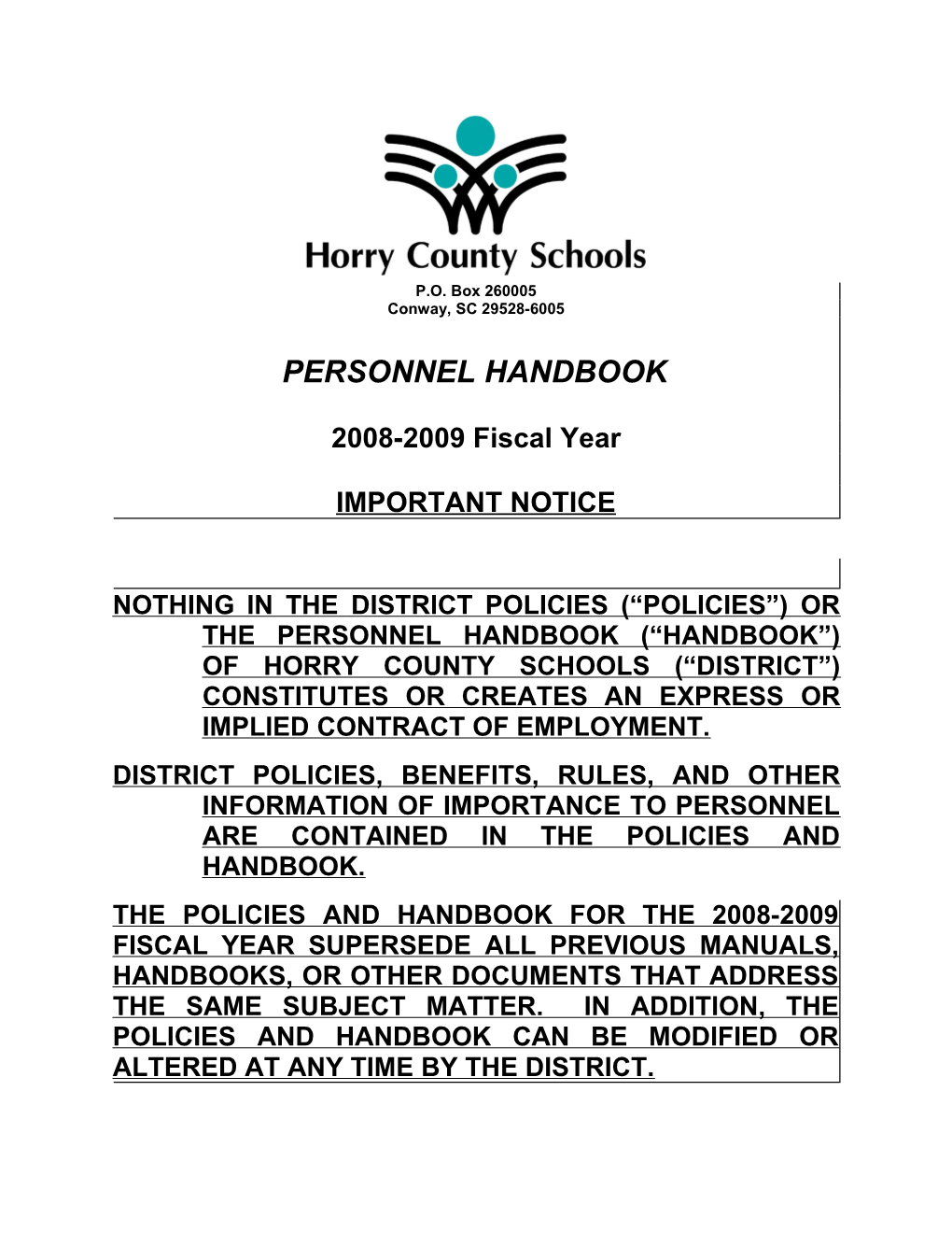 Horry County Schoolspersonnel Handbook, 2008-2009