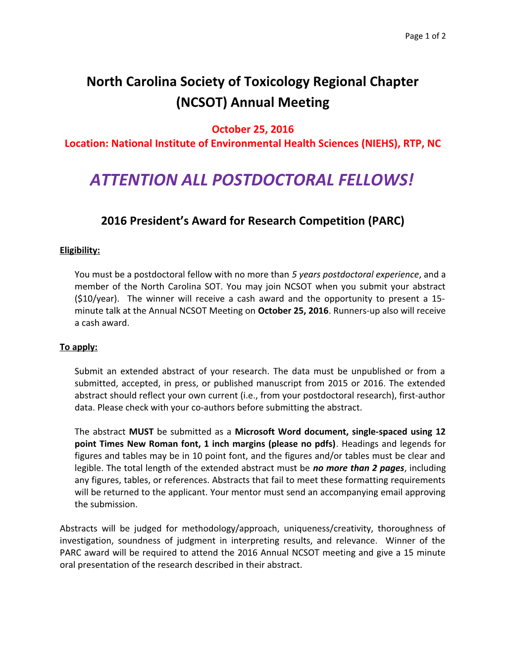 North Carolina Society of Toxicology Regional Chapter (NCSOT) Annual Meeting